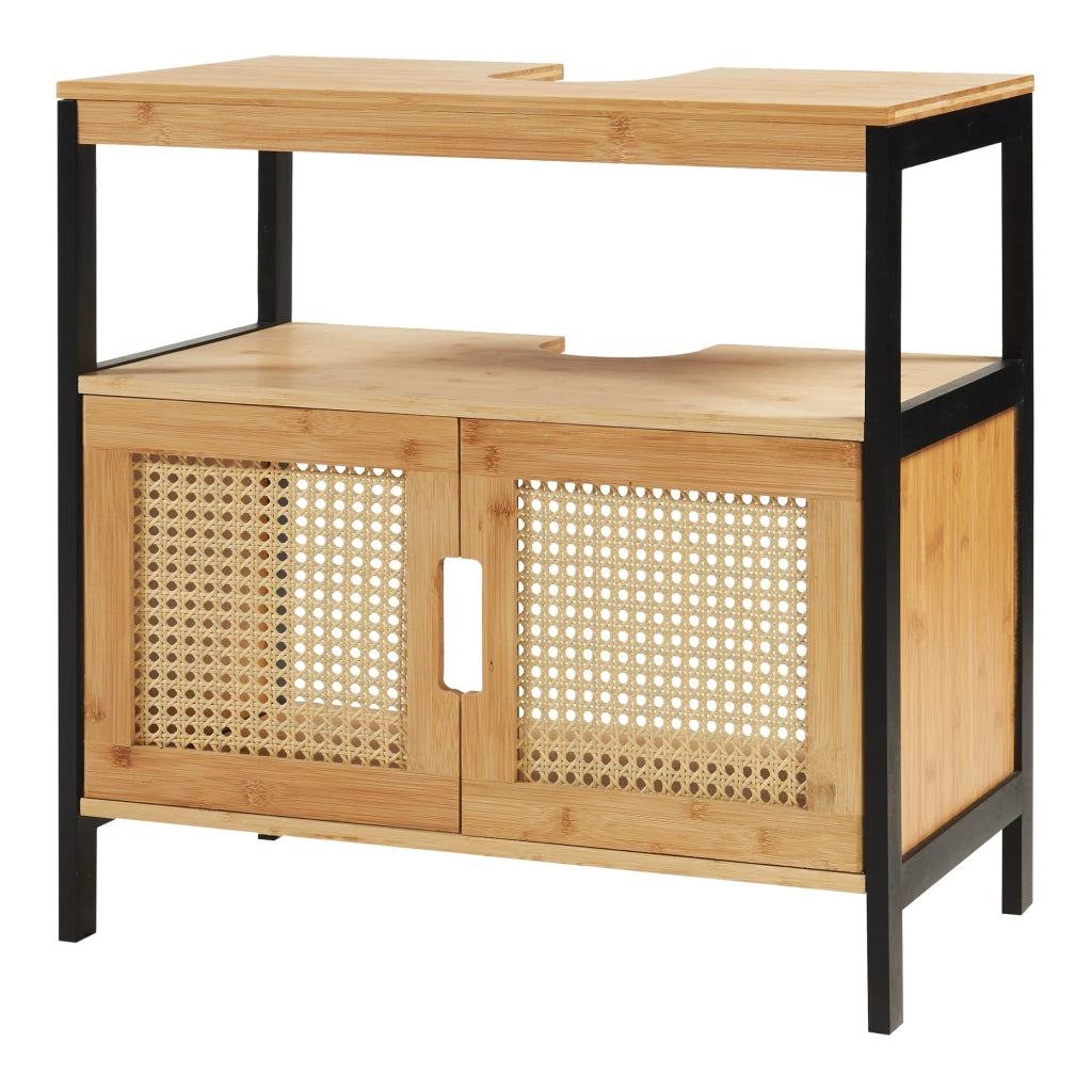 Mobiletto sottolavabo per bagno design in bambù 60 x 60 x 35 cm effetto rattan nero naturale 03_0010006