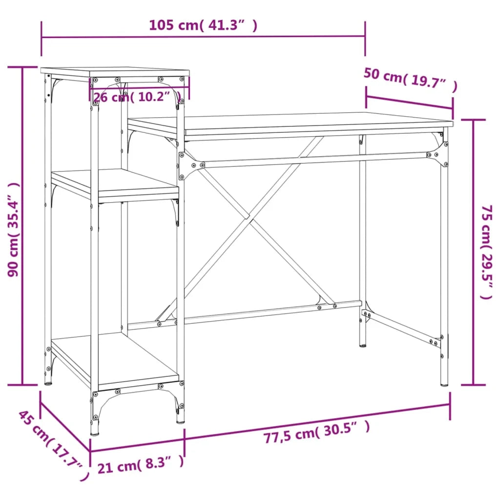 Scrivania da ufficio postazione di lavoro mobile per computer scrivania da studio con ripiani rovere 105 x 50 x 90 cm legno ingegnerizzato e ferro marrone 02_0023484