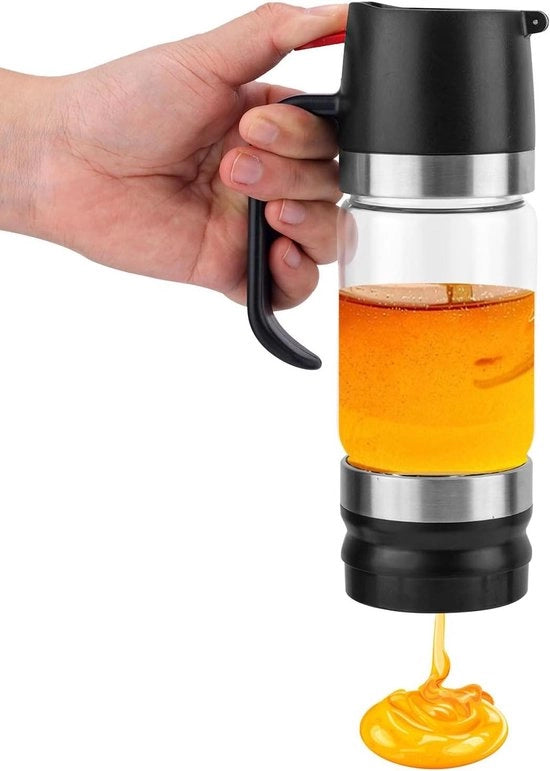 Dispensatore di miele in vetro da 300ml con funzione anti-gocciolamento e piede pratico con maniglia e dispenser di sciroppo, ideale per sciroppo di miele e caffè/tè - Nero
