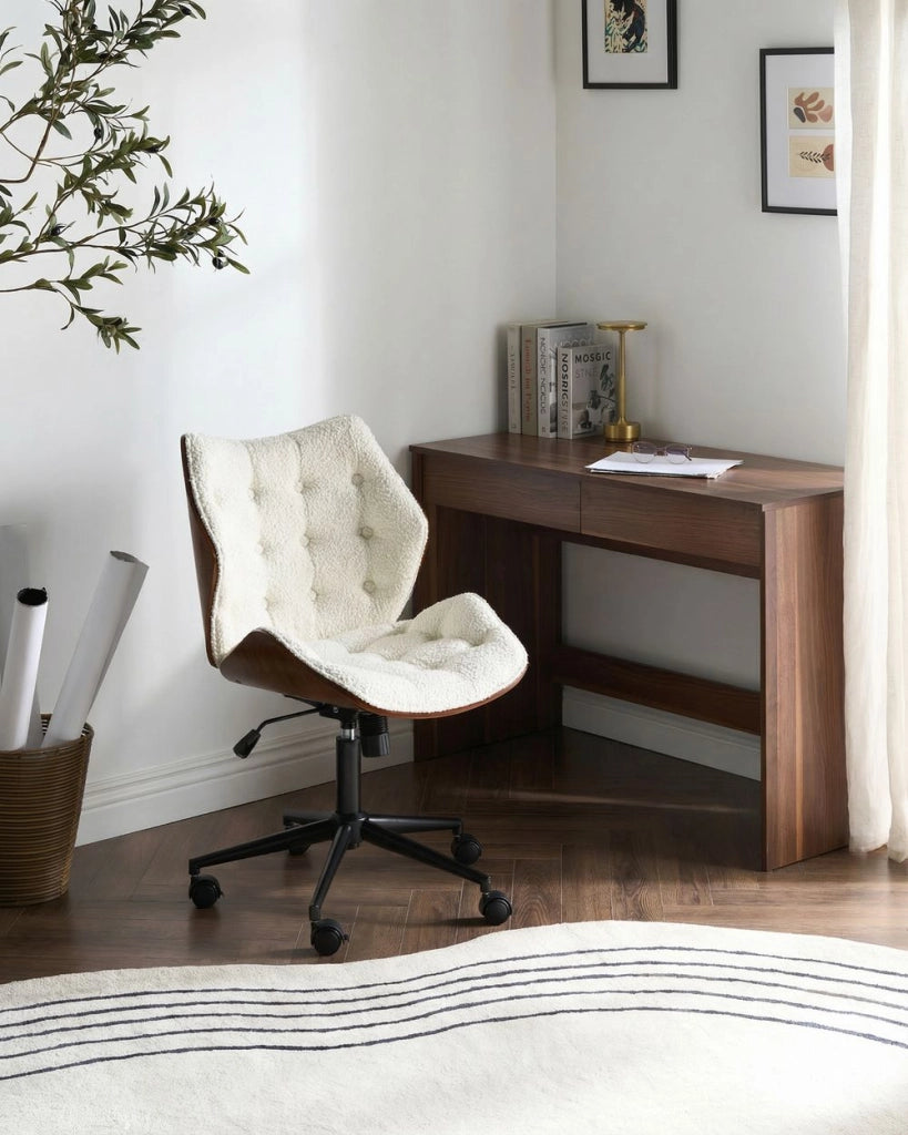 Sedia da ufficio regolabile con funzione girevole Seduta in compensato con rivestimento in tessuto bouclé Marrone scuro e bianco sporco elegante