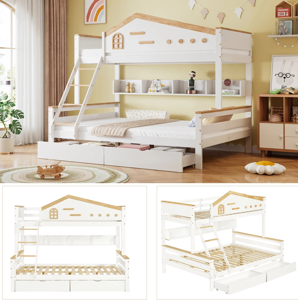 Letto a castello per bambini 90x200 e 140x200 cm con cassetti; scaffale aperto; legno e MDF bianco e naturale