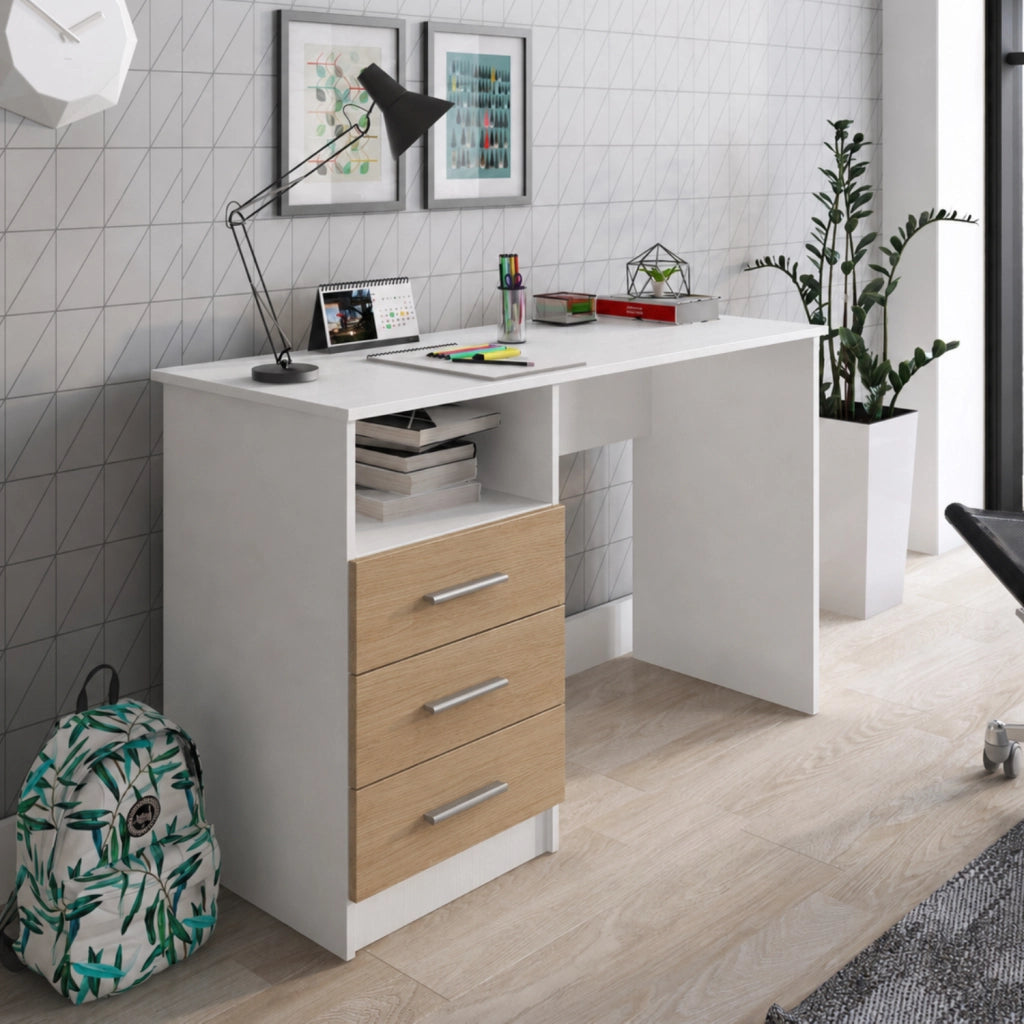Scrivania Desk Per Studio Con Cassetti Laterali Postazione PC Salvaspazio Ufficio Soggiorno E Cameretta 120 X 72 X 48 Cm Bianco E Rovere