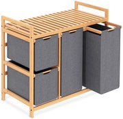 Isciatore con 3 compartimenti, 150L con cassetti, carrello per la biancheria sporca in bambù, sacchi di stoffa Oxford per la lavanderia, 2 x 50L, 2 x 25L scatole per la lavanderia grigie