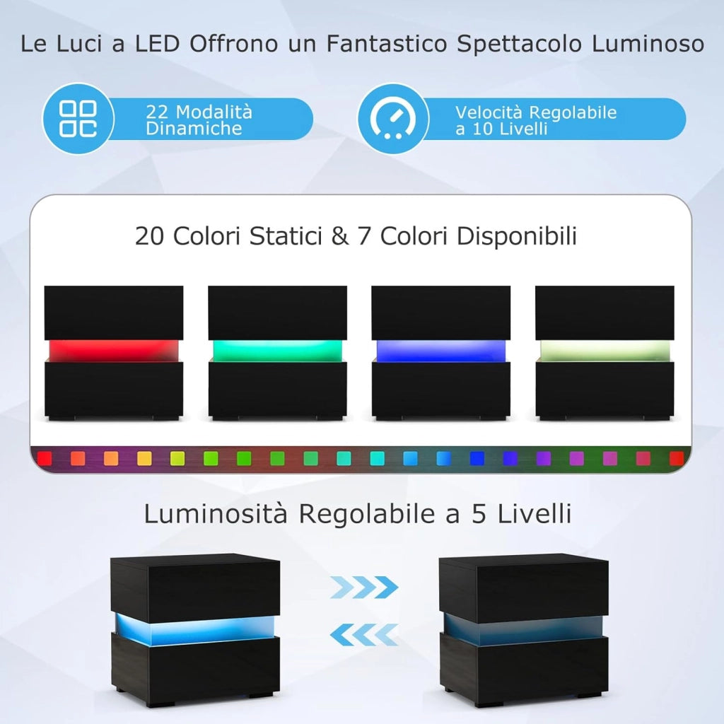 Tavolino a LED, Tavolino con Cassetto, Telecomando, 22 Modalità di Luce, 10 Velocità e 5 Luminosità, Comodino Moderno da Salotto e Camera da Letto (2, Nero)