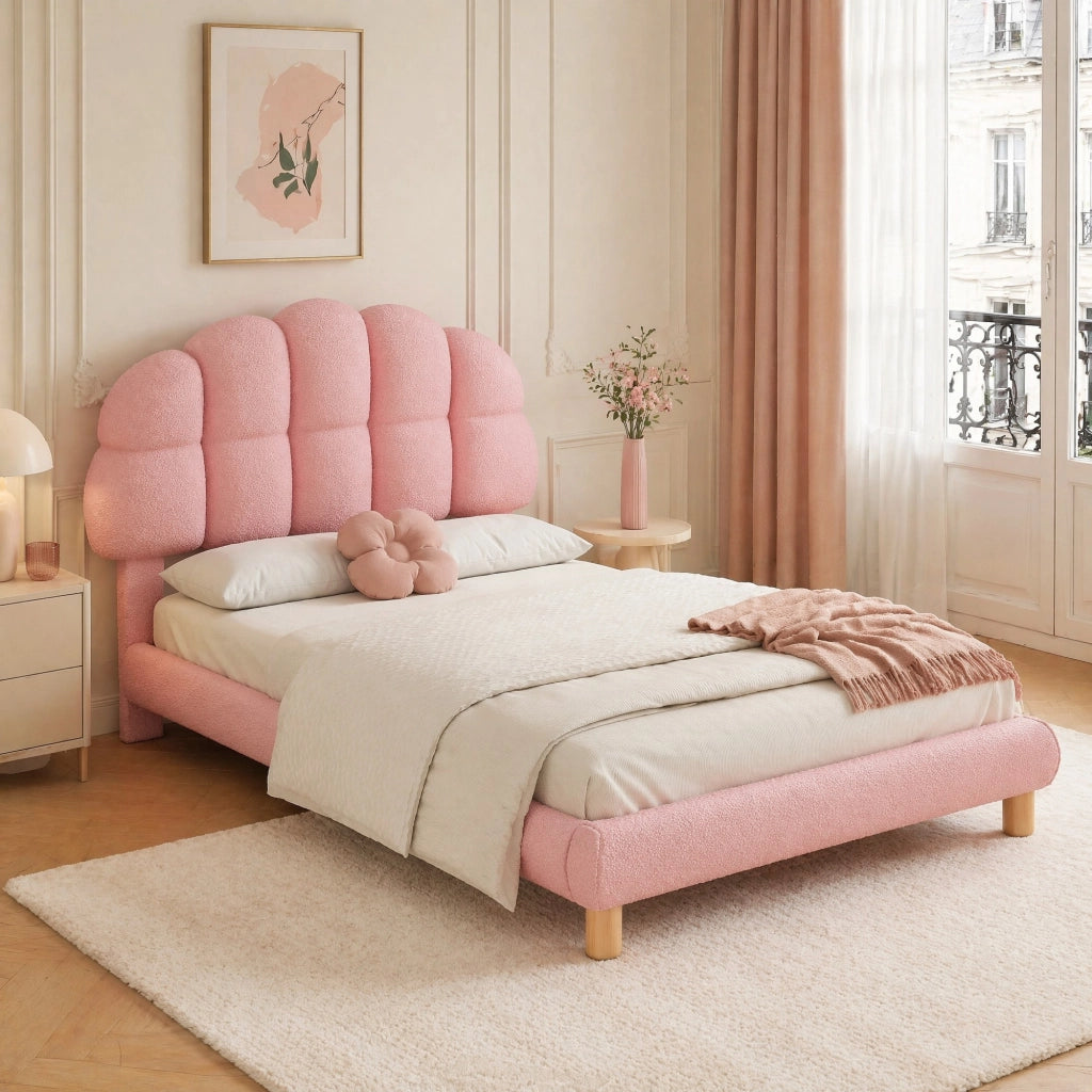 Letto singolo imbottito 90x200 cm in Bouclé e MDF, colore rosa, con rete a doghe in legno