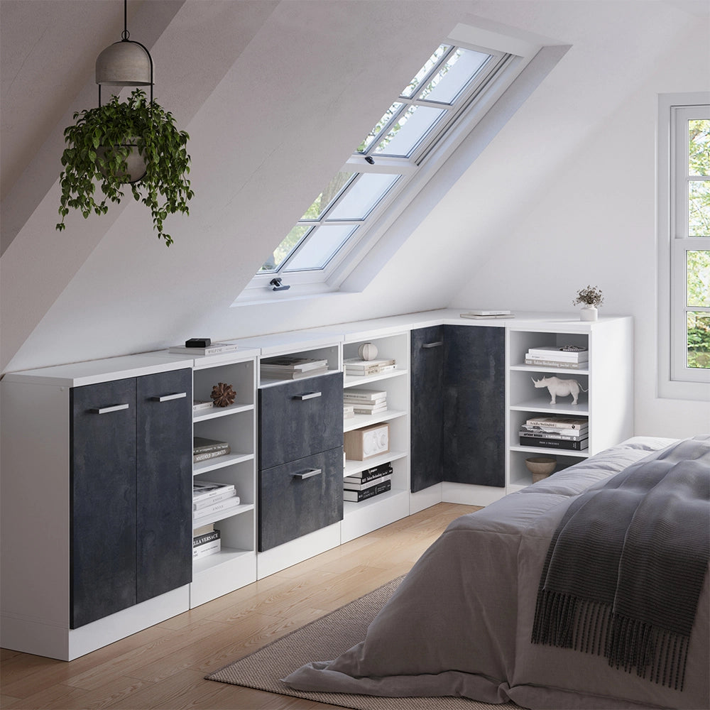 Mobile cucina angolare per sottotetto R-Line Calce nera/Bianco 75.6 cm con 1 porta, carcassa dell’armadio profondità 60 cm Vicco