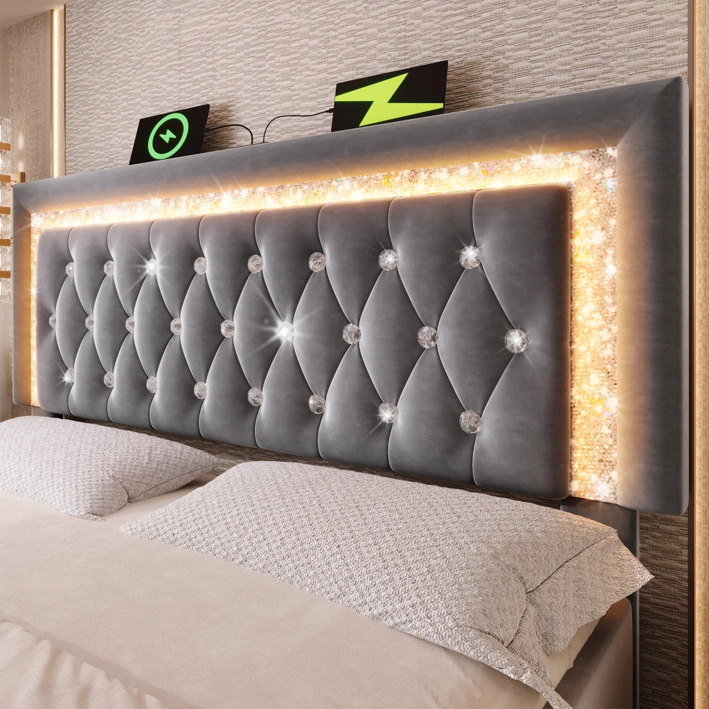 OKWISH Letto Contenitore 140×200 cm, Letto Matrimoniale con LED Regolabile, USB, Tipo C e Vano Idraulico, senza Materasso, in Velluto, Grigio