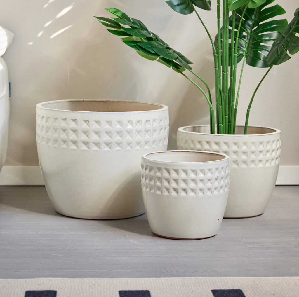 Set 3 vasi da giardino in ceramica Ancient White con drenaggio