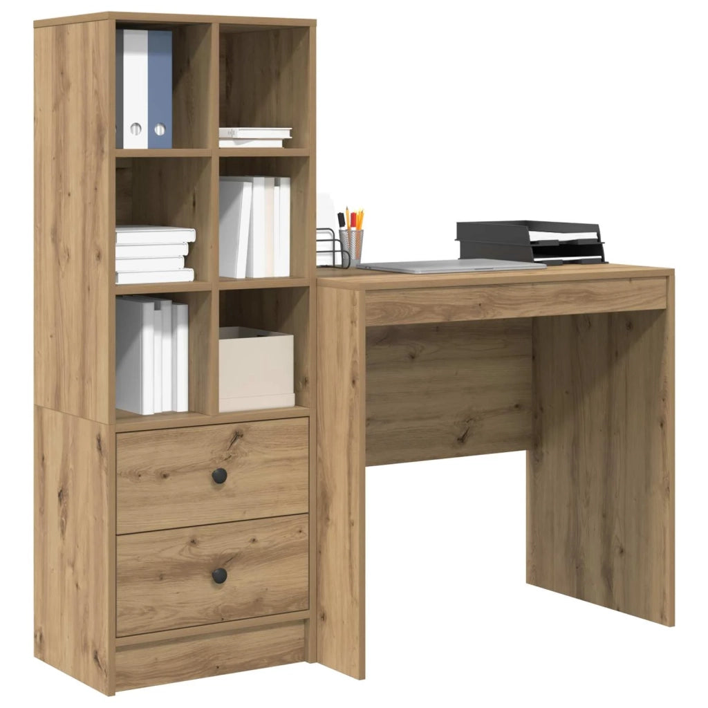 Scrivania | Tavolo da Ufficio con cassetto con lo scaffale 2 pz Rovere artigianale