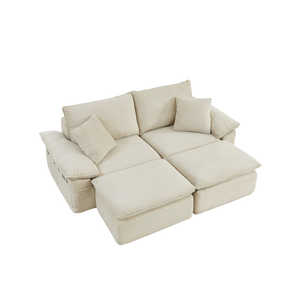 Divano da pavimento 2 posti beige in tessuto; con pouf mobile