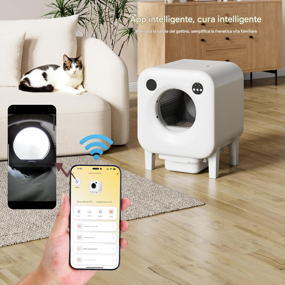 Lettiera Autopulente XXL per Gatti Smart Wifi con App e Controllo Capacità 70L Bianco