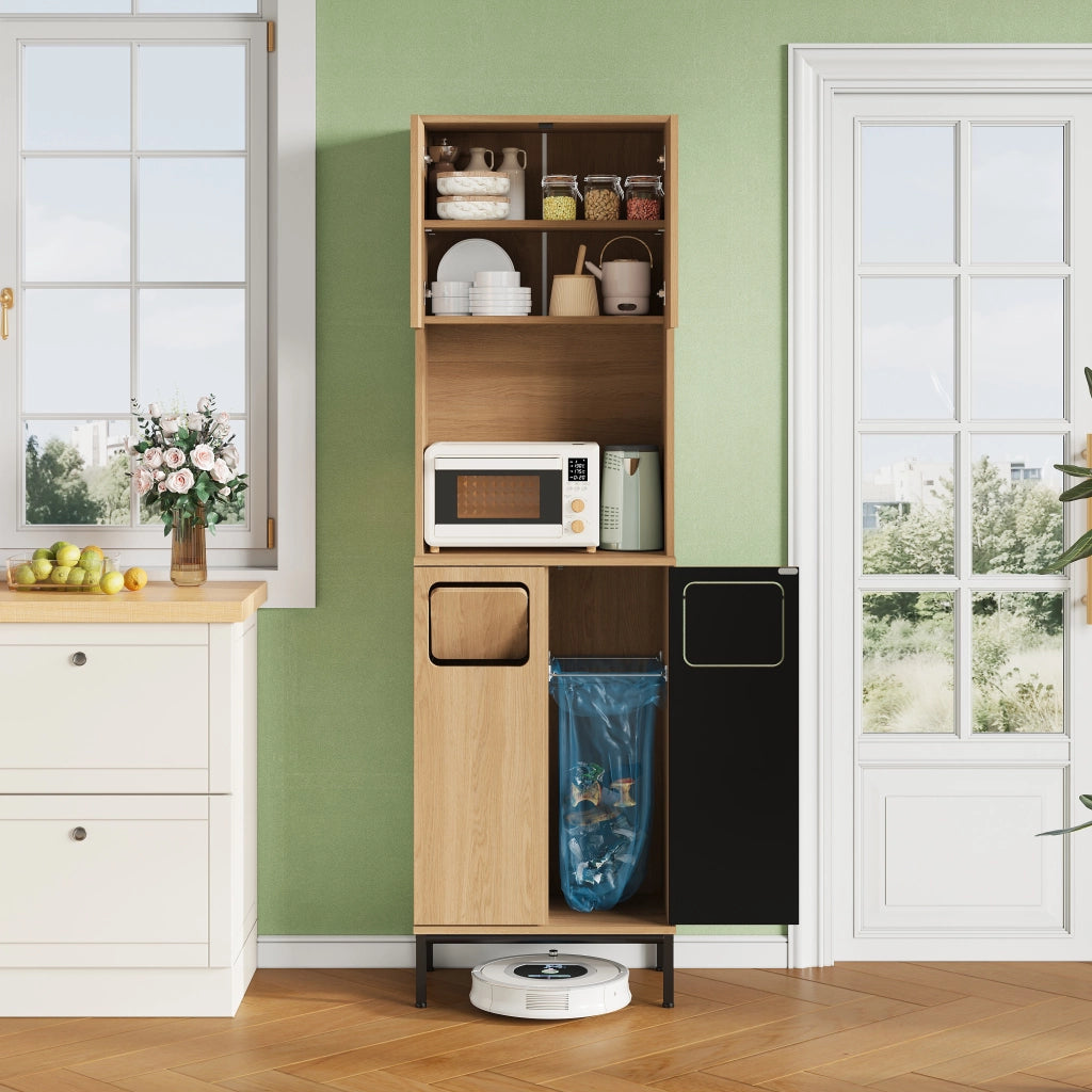 Colonna da cucina con vani aperti e ripiani regolabili per microonde in MDF effetto rovere e nero 53 × 35 × 181 cm