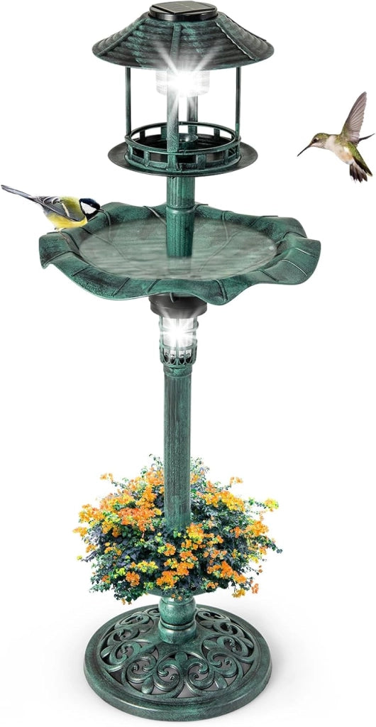 Vasca per Uccelli da Giardino a Energia Solare, Abbeveratoio e Mangiatoia per Uccelli da Esterno con 2 Lampade a Energia Solare, Fioriera e Supporto Riempibile (Bronzo, 43 x 43 x 110 cm)