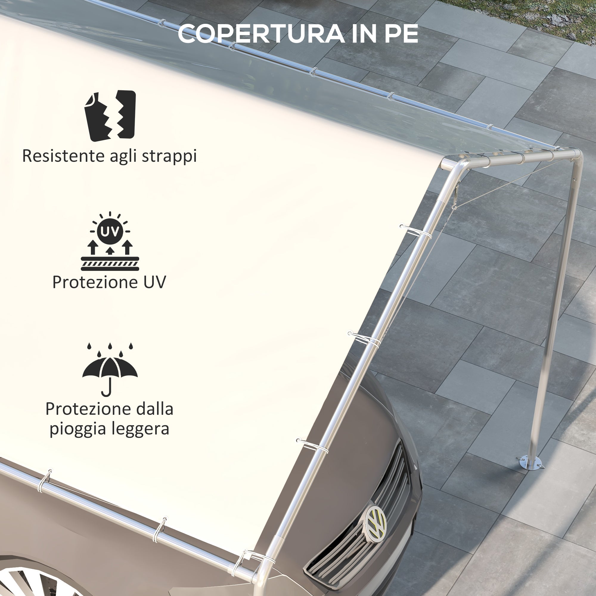 Copertura di Ricambio 600x300 cm Anti-UV per Carport Auto con Corde Elastiche in PE Bianco