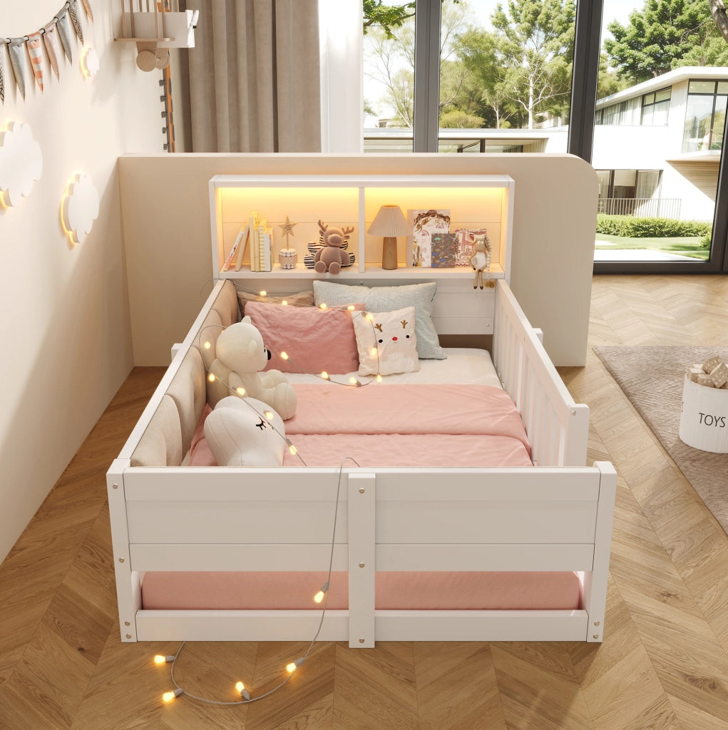 Letto basso per bambini 90 x 200 cm con sponde, LED e vano contenitore bianco