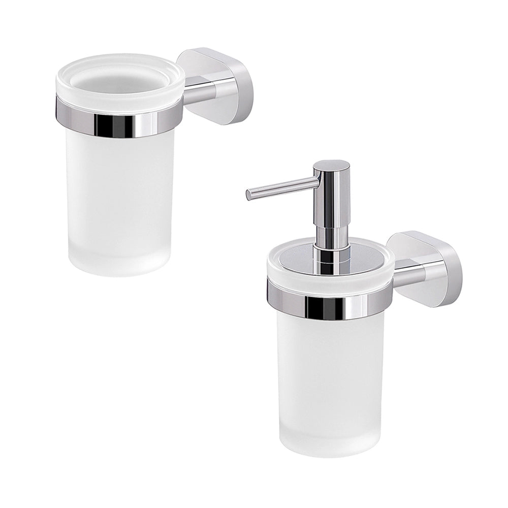 Set dispenser sapone e porta spazzolino a muro in bianco e cromo Bernina