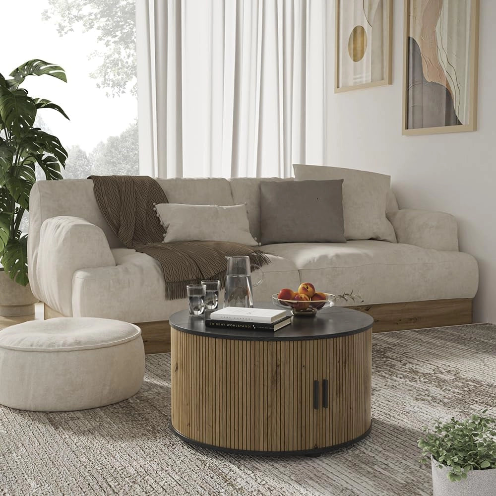tavolino soggiorno Selva, Quercia/nero, 80 x 80 cm con porta scorrevole, con funzione lift e piano del tavolo regolabile in altezza