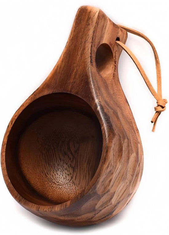 Moka di legno, the, tazza di legno artigianale Kuksa, moka da viaggio, moka portatile di legno con cinturino in pelle per caffè, tè, latte, zaino, campeggio