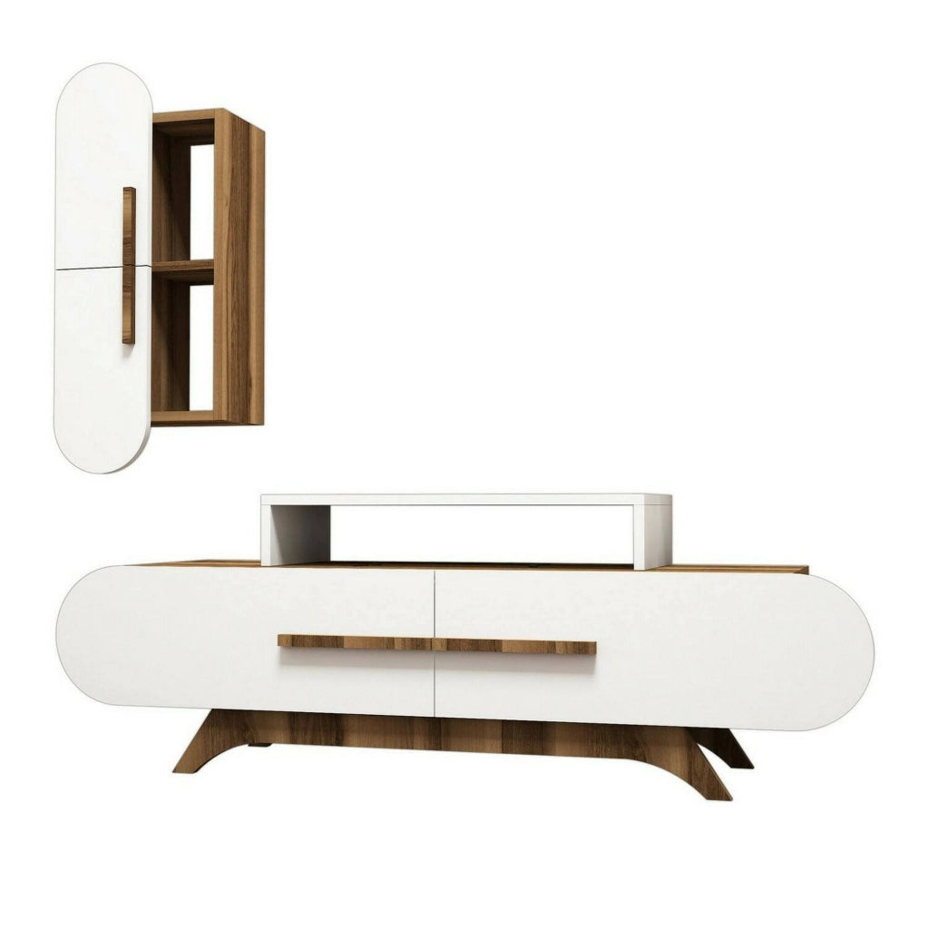Parete attrezzata Ifigenia, Composizione soggiorno, Mobile salotto multiuso, Armadio porta TV, 145x37h50 cm, Noce e Bianco