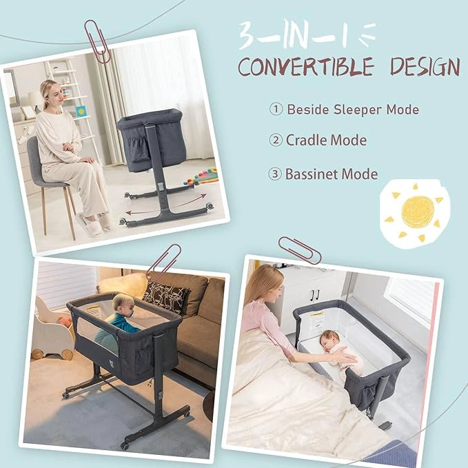 Culla Neonato Fianco Letto 3 in 1, Lettino Dondolo Neonati con Materasso, Culla da Campeggio con Ruote e Borsa, Regolabile In Altezza, Inclinazione di 10°, per Bambini 0-6 Mesi (Grigio Scuro)