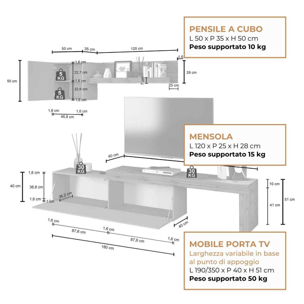WHOUS Parete attrezzata Chronos set soggiorno tortora opaco e rovere 190/350x40 cm