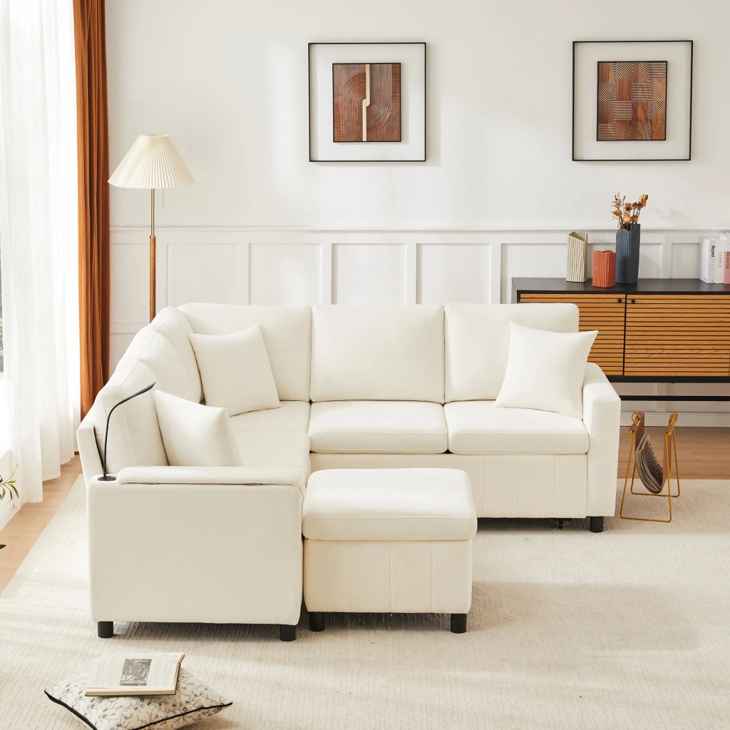 Divano angolare letto in ciniglia con pouf contenitore; USB e Type-C; beige