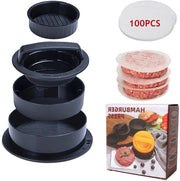 Hamburger maker in plastica - Con 100 fogli di carta per oli - Nero - Forma di hamburger - Accessori barbecue - Per la preparazione di panini - Per barbecue, grigliata e cucina