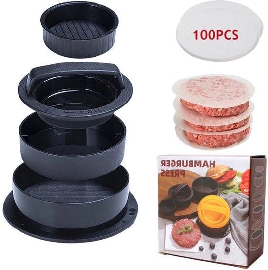 Hamburger maker in plastica - Con 100 fogli di carta per oli - Nero - Forma di hamburger - Accessori barbecue - Per la preparazione di panini - Per barbecue, grigliata e cucina