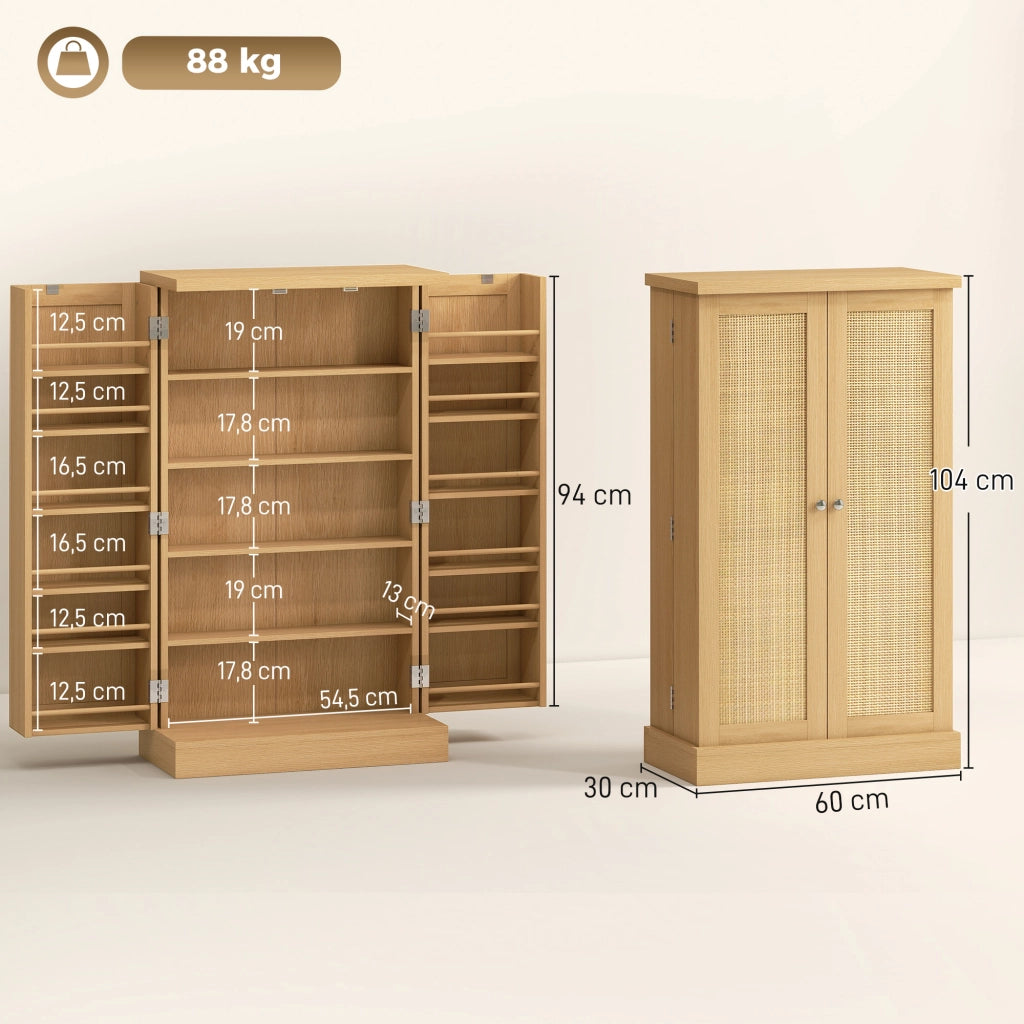 Armadio Cucina in Rattan con 5 Ripiani, 12 Scomparti Spezie e Fondi Regolabili ¨C zephmum ¨C Naturale 104 cm