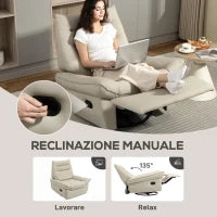 Poltrona Relax Reclinabile Manualmente con Poggiapiedi e Base Girevole Senza Braccioli, Crema