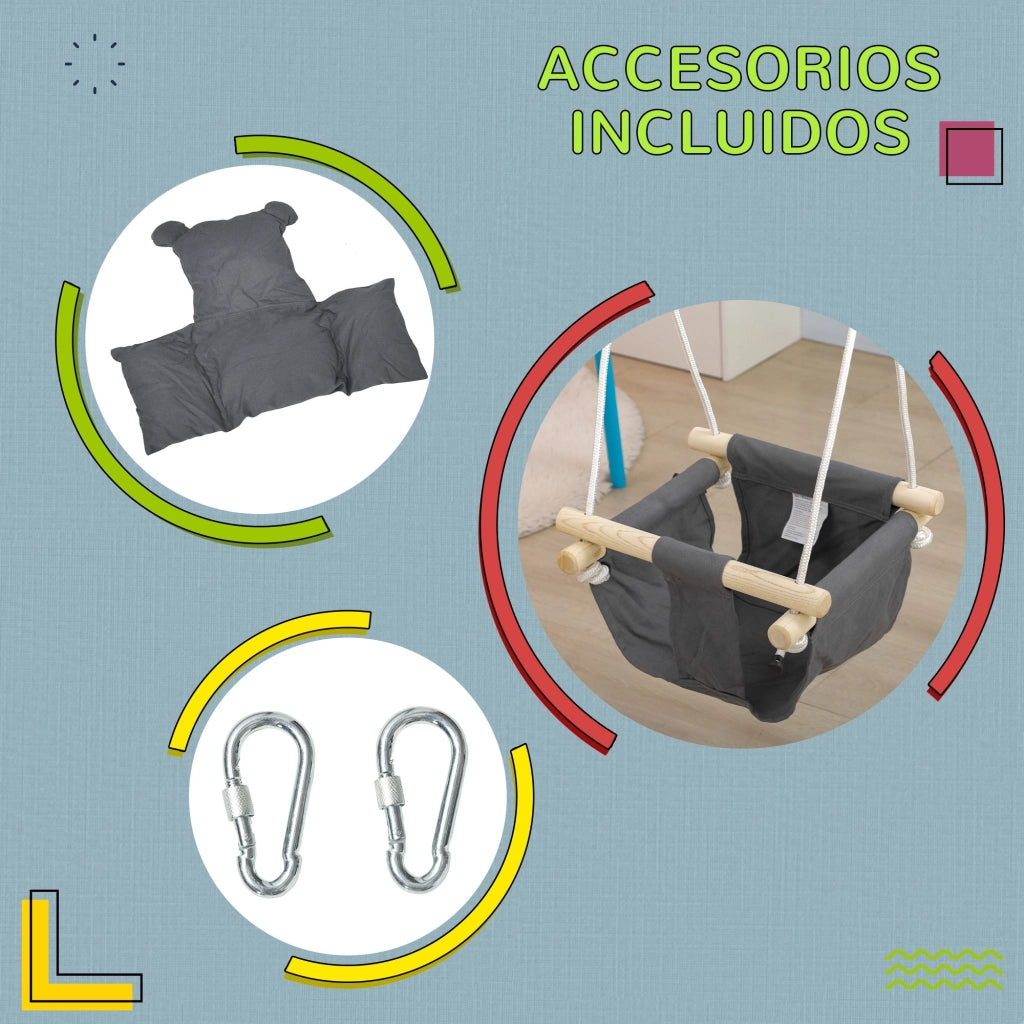Altalena per Bambini Regolabile in Altezza ¨C zephmum ¨C Grigio e Legno 40x40x110-180 cm