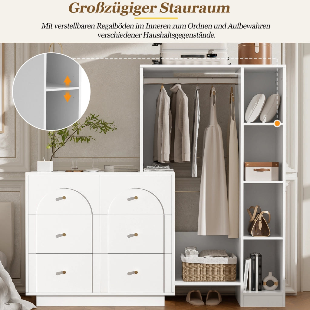 ARMADIO multifunzione aperto con 6 cassetti e ripiani laterali 139x35x133 cm Bianco