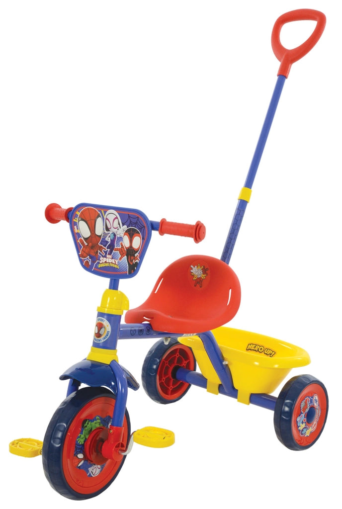 Triciclo a Pedali Primi Passi per Bambini con Maniglione Genitoriale Rimovibile e Vano Contenitore Marvel Spidey Blu