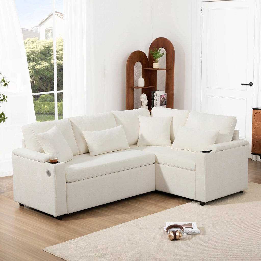 Divano angolare convertibile con chaise longue fissa; vano contenitore; portabicchieri e porta usb per soggiorno; beige; 206;5 Ã— 141 Ã— 86 cm