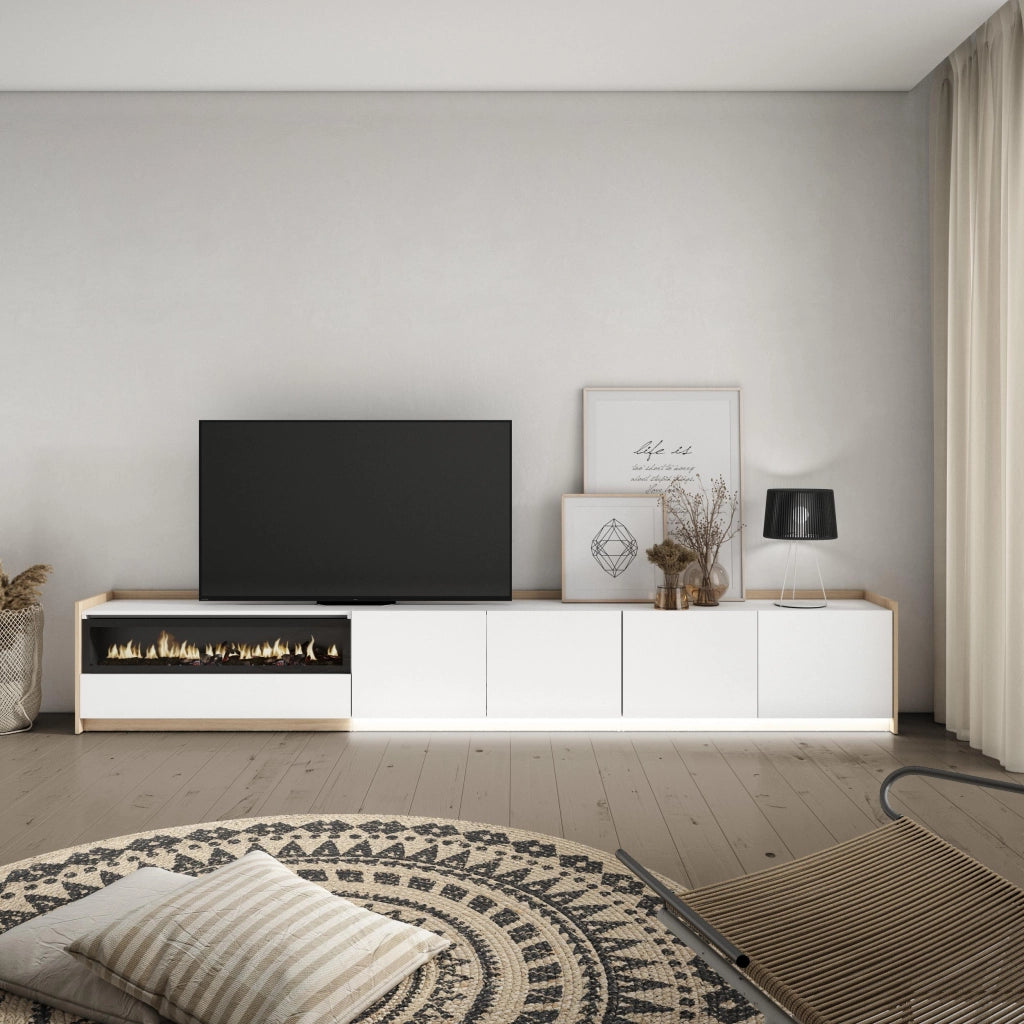 Mobile TV Soggiorno, 310x50x37 cm, Per TV fino a 80", Camino elettrico, LED, Bianco e Rovere soft