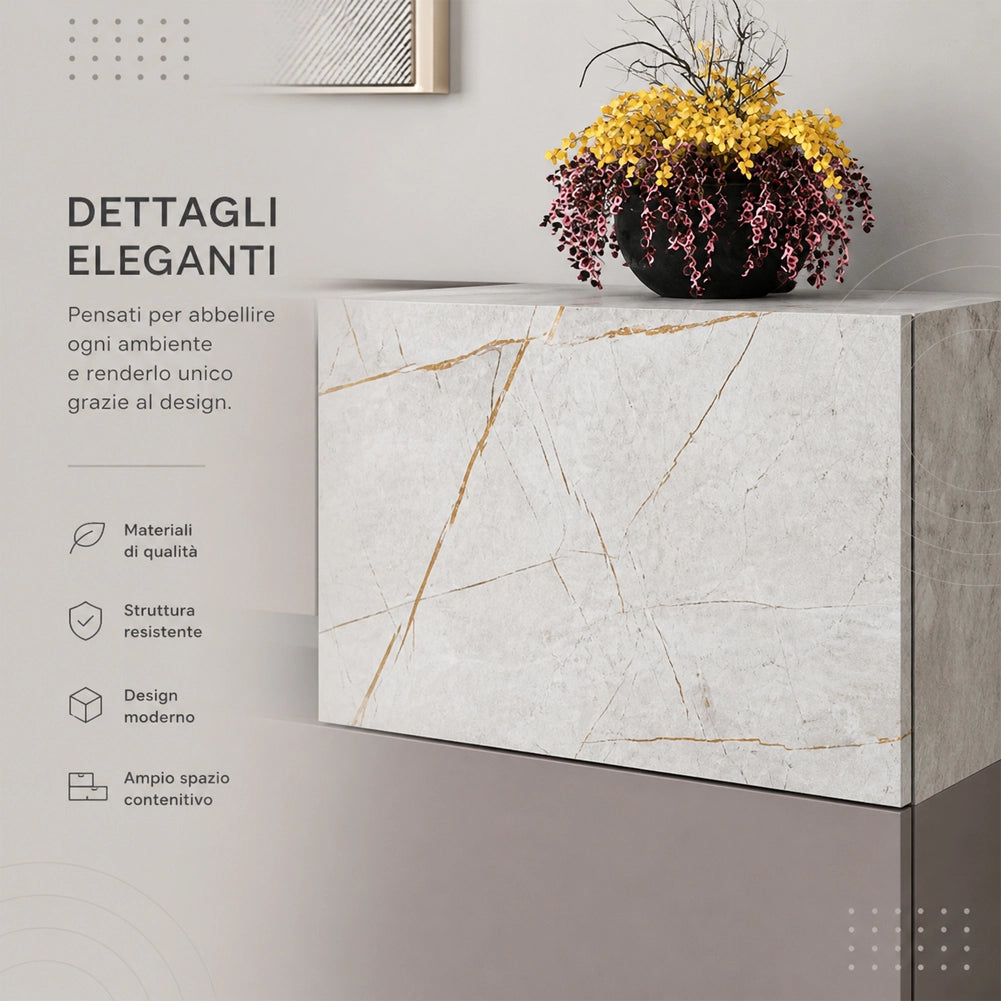 Madia Consolle Moderna 145 cm con 2 Ante 2 Cassetti Tortora e Marmo Bianco