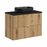 Set VANO effetto quercia e nero 80cm: mobile sotto lavabo con cassetti + piano per lavabo + lavabo da appoggio nero scanalato