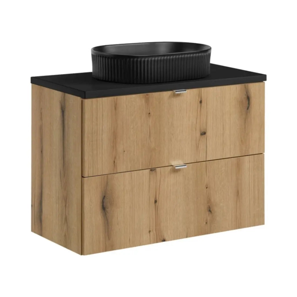Set VANO effetto quercia e nero 80cm: mobile sotto lavabo con cassetti + piano per lavabo + lavabo da appoggio nero scanalato
