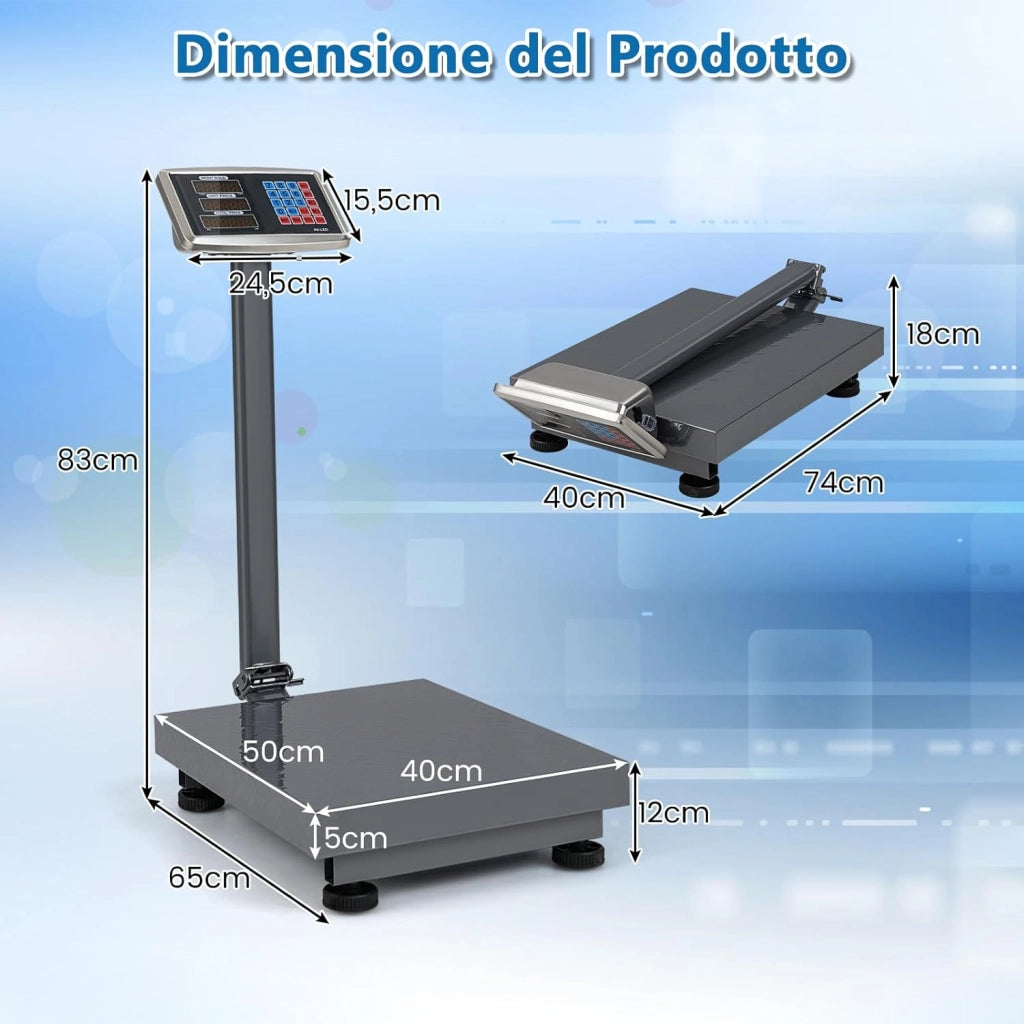 Bilancia Digitale a Piattaforma 300 kg, Bilancia a Pavimento con Calcolatrice Integrata, Conversione Unità LB/KG, per Negozio Azienda Fabbrica (Argento)