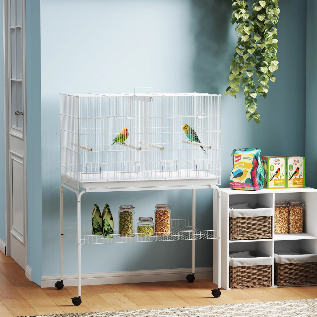 Gabbia per Uccelli con Divisorio e Vassoio Estraibile ¨C zephmum ¨C Bianco 94x57x57/128 cm