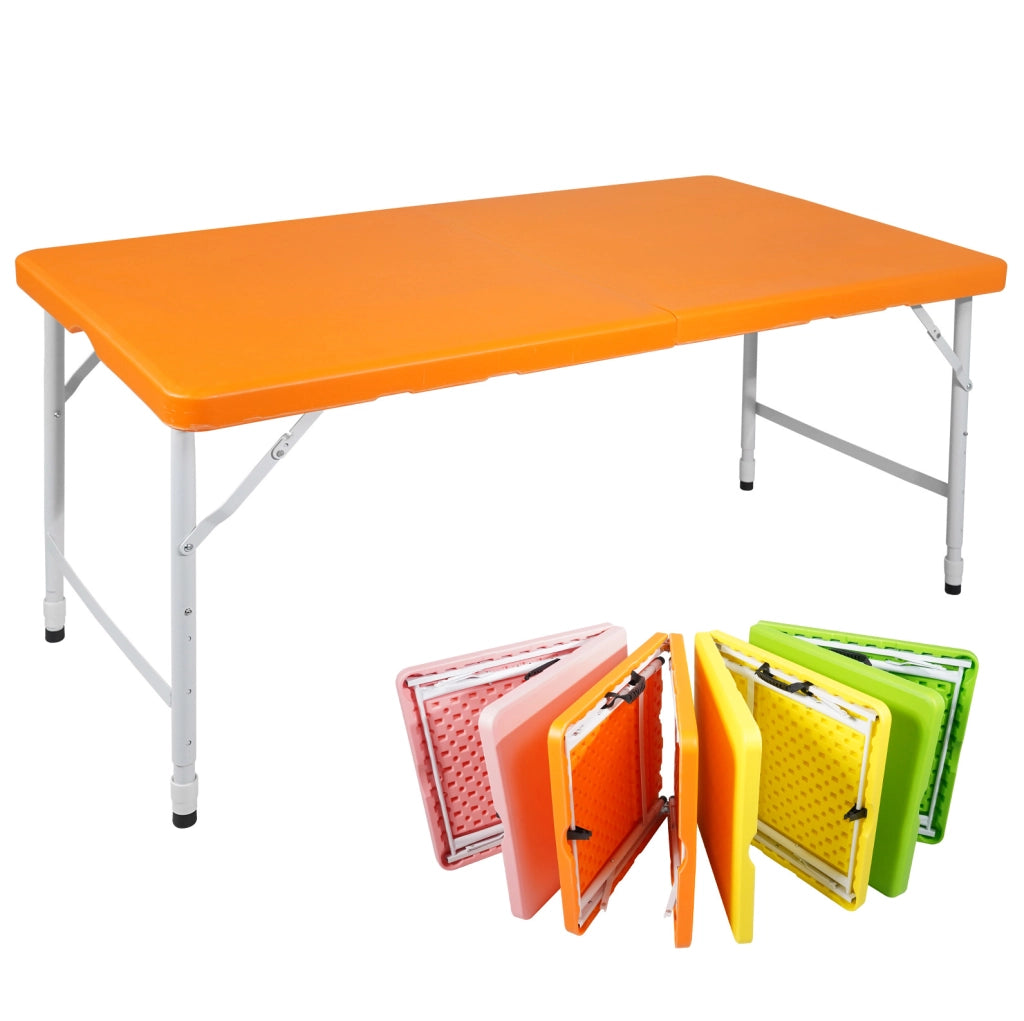 Tavolo pieghevole 125x61 cm arancione in plastica e ferro; altezza regolabile