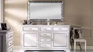 Credenza madia buffet in legno massiccio Shabby chic 2 ante 6 cassetti mod caide bianca profili foglia argento
