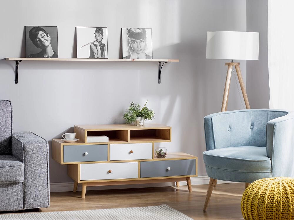 Credenza Marrone 4 Cassetti 2 ripiani Design asimmetrico scandinavo