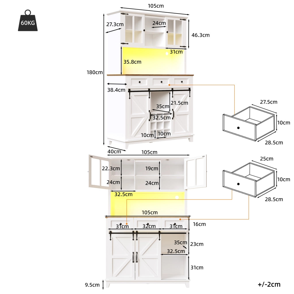 Credenza Alta da Cucina con Ante in Vetro; Ripiani Regolabili e LED; per Cucina; Bianca; 105x38;4x180 cm