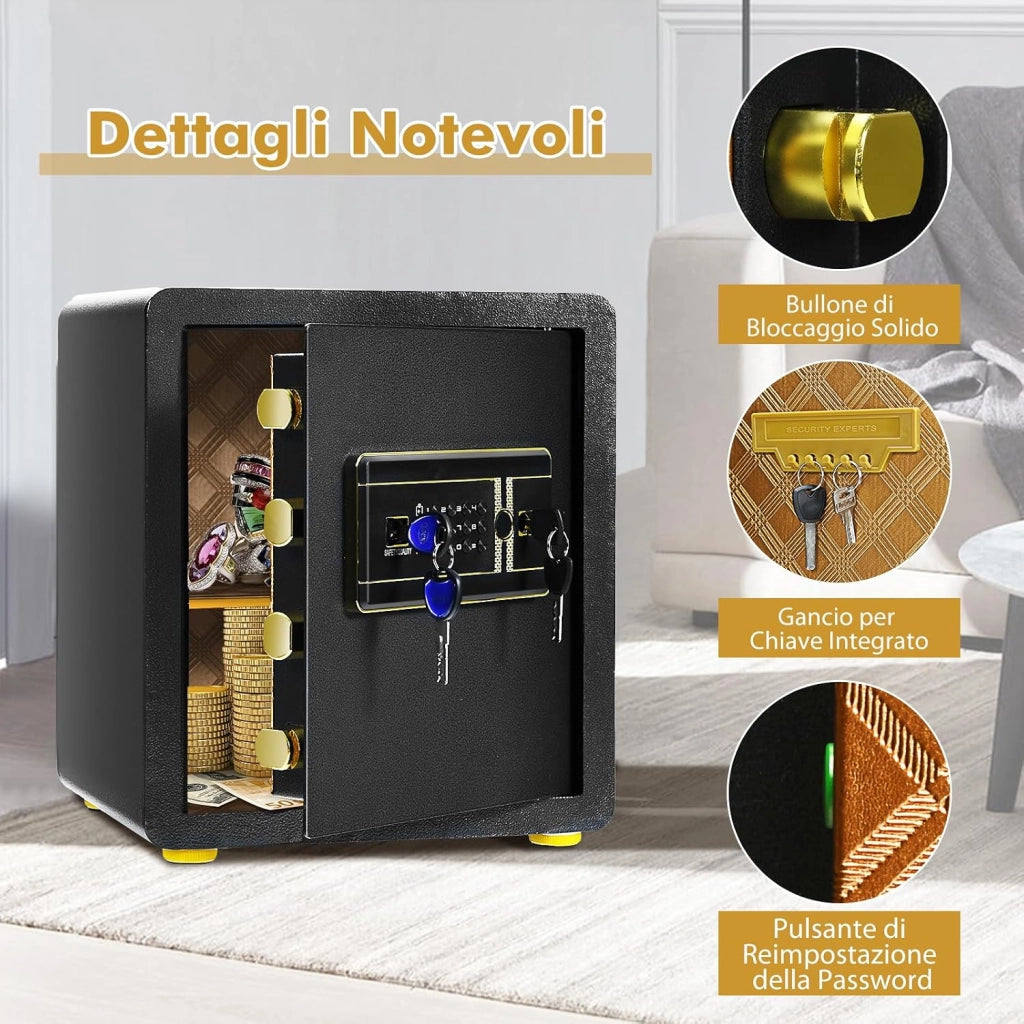 Cassaforte Elettronica, Cassetta di Sicurezza con Tastierino Numerico Digitale, con 2 Chiavi, 2 Chiavi di Emergenza, Ripiano Rimovibile e Sistema di Allarme, 36x31x41 cm