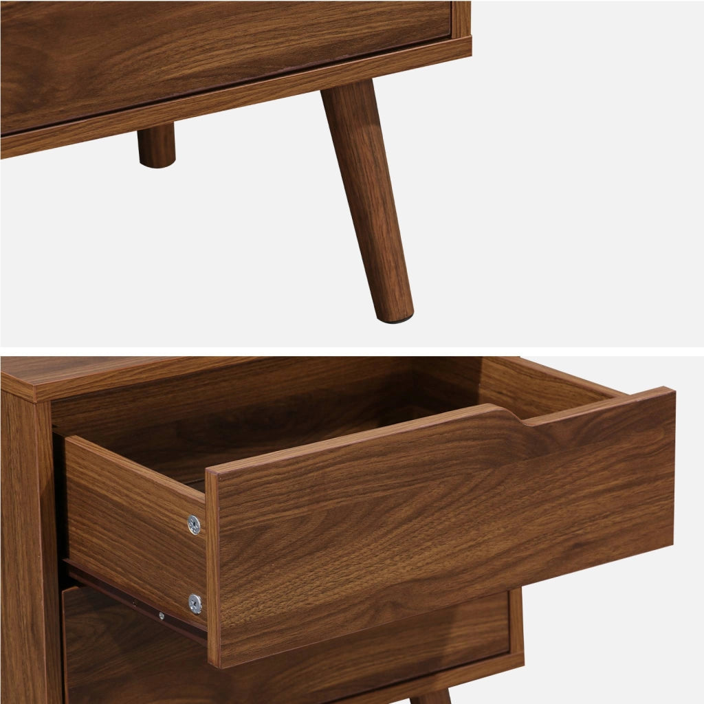 Comodino in legno tinto noce, 2 cassetti, marrone
