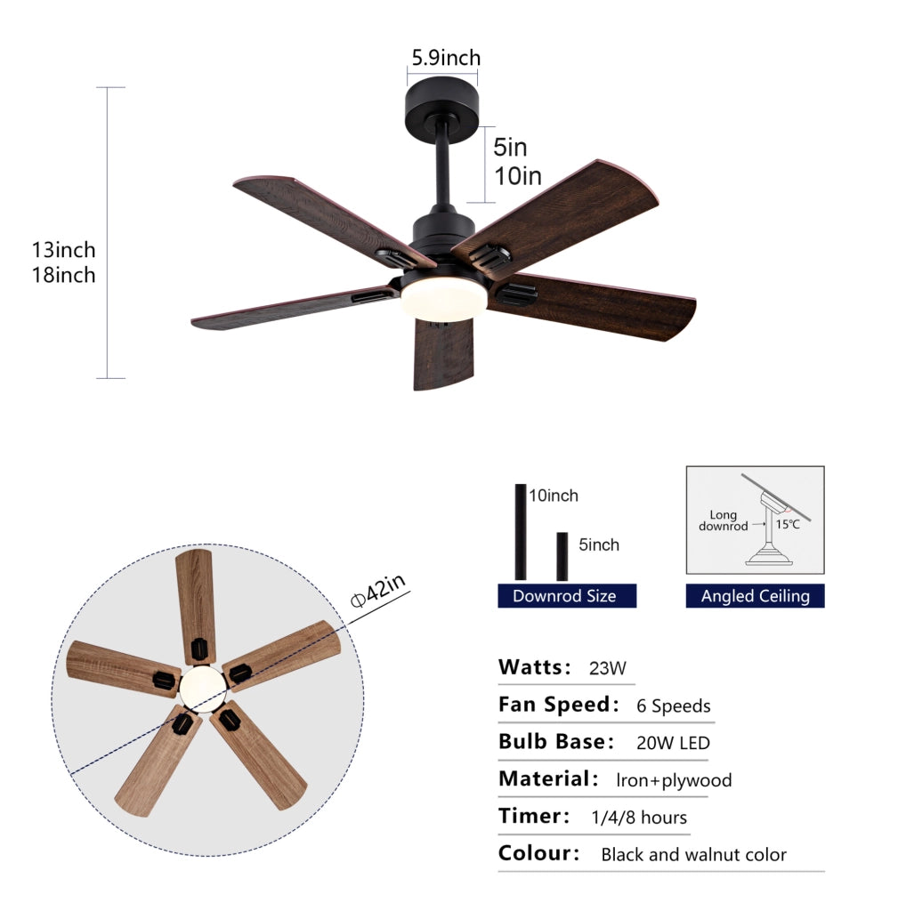 Ventilatore da soffitto 42 pollici con luce LED dimmerabile; 6 velocità; nero e noce