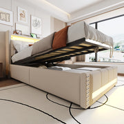OKWISH Letto Bambino 90×200 cm, Letto Singolo con Contenitore, USB, LED Regolabile e Mensole, senza Materasso, in Tessuto Beige