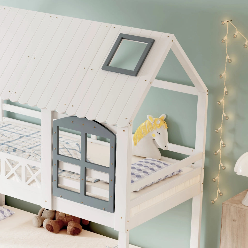 Letto a Castello 90x200 cm con Tetto; Finestre e Scala con 3 Scomparti in Legno e MDF