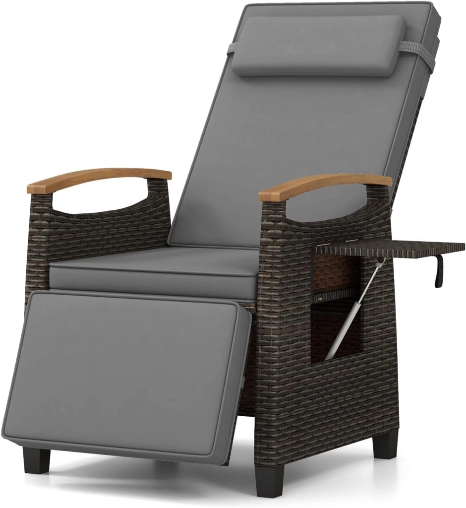 Poltrona Reclinabile da Giardino, Sedia Relax Esterno in Rattan con Schienale Regolabile a 150°, Poggiapiedi e Tavolino Pieghevole, Portata 180 kg, per Patio, Cortile e Terrazzo (Grigio,1)